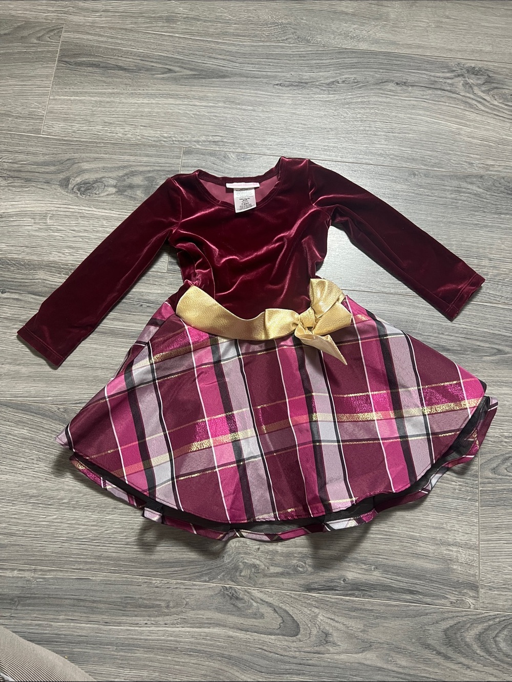 Bonnie Jean Burgundy Velvet & Pink Plaid Dress with Gold Bow